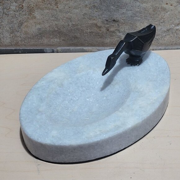 Decorative Marble Soap Dish Jewelry Holder Black Metal Bird Figure - Picture 8 of 12